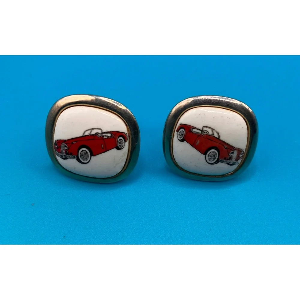 Men's Cufflinks OS Gold Red Convertible Sports Car Enamel Vintage